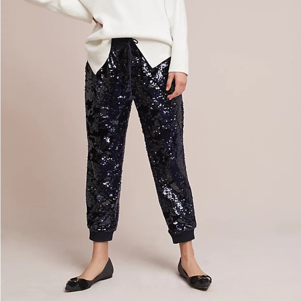 Anthropologie Sequin and Velvet Navy Joggers XS